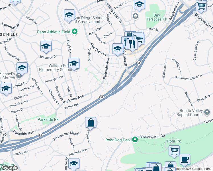 map of restaurants, bars, coffee shops, grocery stores, and more near 6767 Parkside Avenue in San Diego