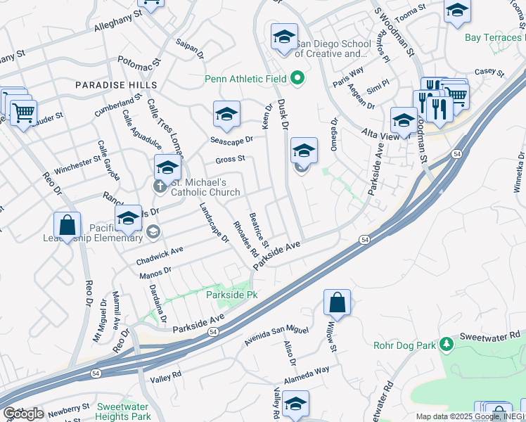 map of restaurants, bars, coffee shops, grocery stores, and more near 2841 Rockne Street in San Diego