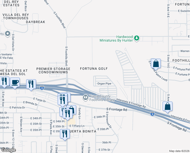 map of restaurants, bars, coffee shops, grocery stores, and more near 10713 El Camino Del Dablo in Yuma