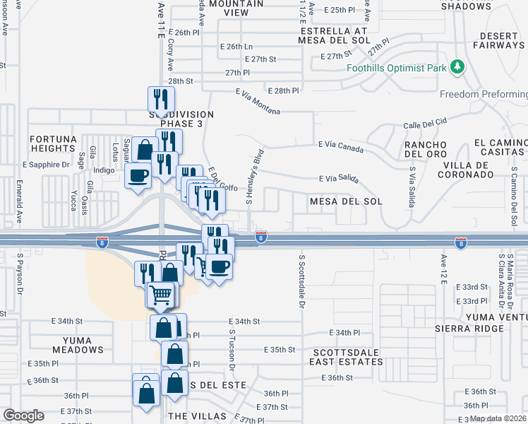 map of restaurants, bars, coffee shops, grocery stores, and more near 10799 South Morelos Drive in Yuma