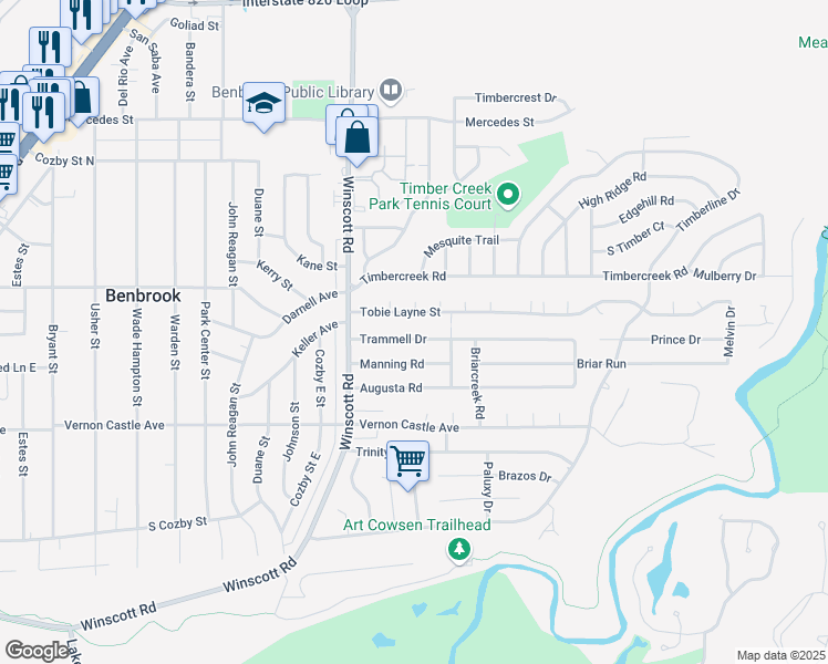 map of restaurants, bars, coffee shops, grocery stores, and more near 1205 Trammell Drive in Benbrook