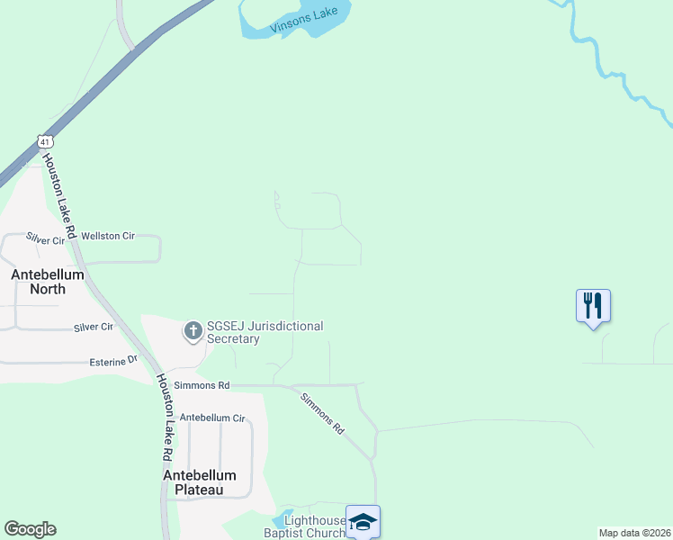 map of restaurants, bars, coffee shops, grocery stores, and more near 205 Lowpoint Trail in Warner Robins
