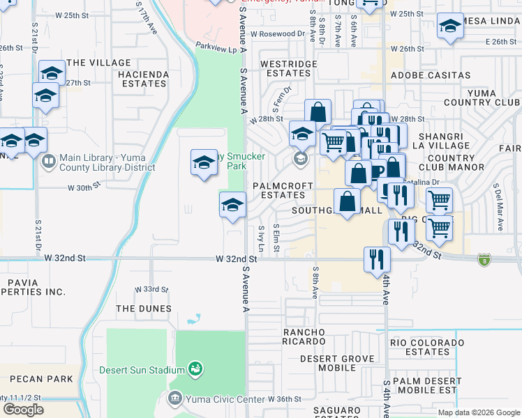 map of restaurants, bars, coffee shops, grocery stores, and more near 3106 South Elm Street in Yuma