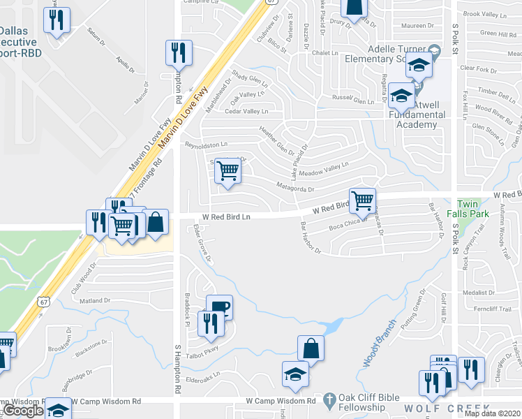 map of restaurants, bars, coffee shops, grocery stores, and more near 2011 West Red Bird Lane in Dallas