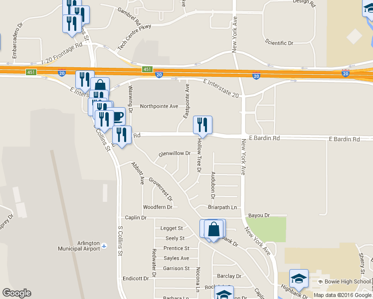 map of restaurants, bars, coffee shops, grocery stores, and more near 4741 Shadyway Drive in Arlington