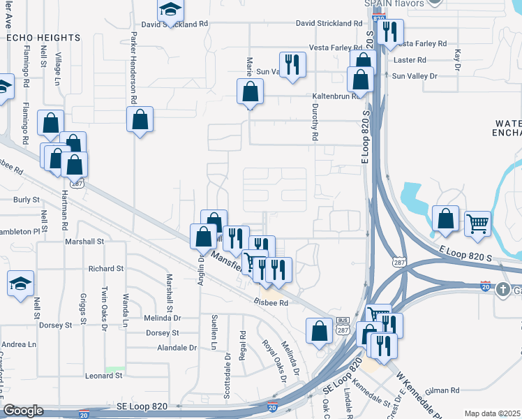map of restaurants, bars, coffee shops, grocery stores, and more near 5205 Redwood Circle in Fort Worth