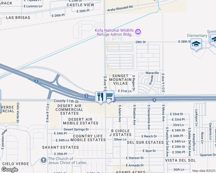 map of restaurants, bars, coffee shops, grocery stores, and more near 3154 South Robert Way in Yuma