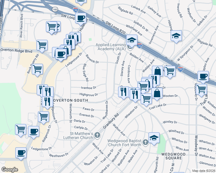 map of restaurants, bars, coffee shops, grocery stores, and more near 5312 Westhaven Drive in Fort Worth