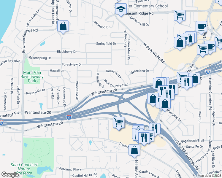 map of restaurants, bars, coffee shops, grocery stores, and more near 6418 High Country Trail in Arlington