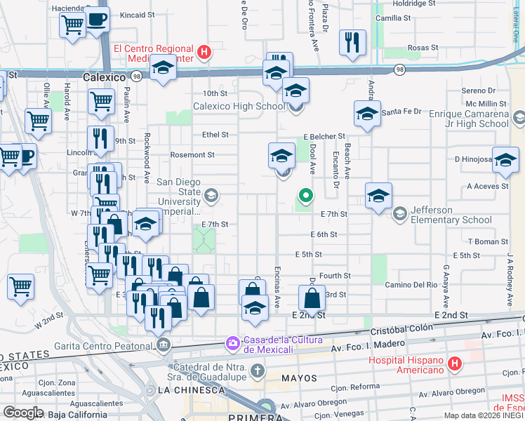 map of restaurants, bars, coffee shops, grocery stores, and more near 546 Giles Avenue in Calexico