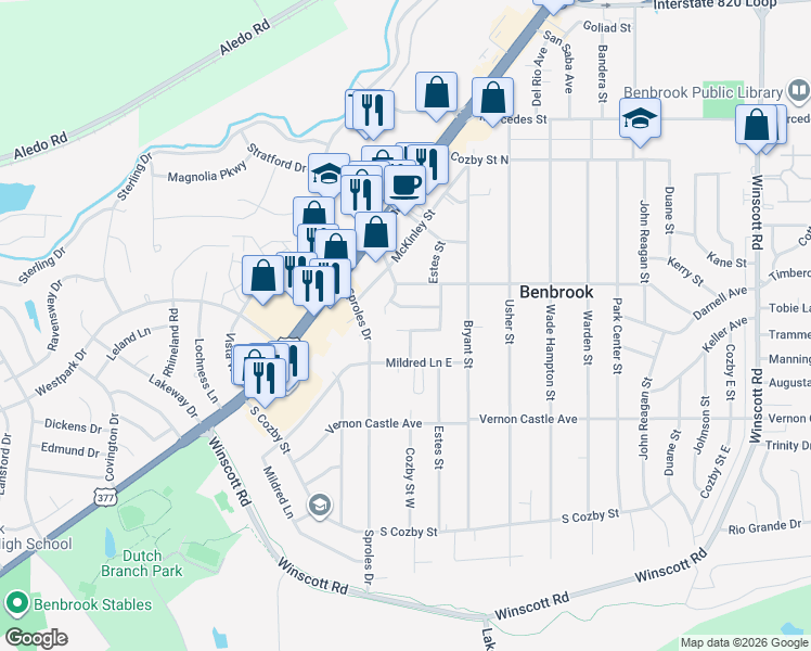 map of restaurants, bars, coffee shops, grocery stores, and more near 1130 Judy Avenue in Benbrook