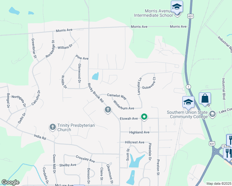 map of restaurants, bars, coffee shops, grocery stores, and more near 600-698 Camelot Way in Opelika