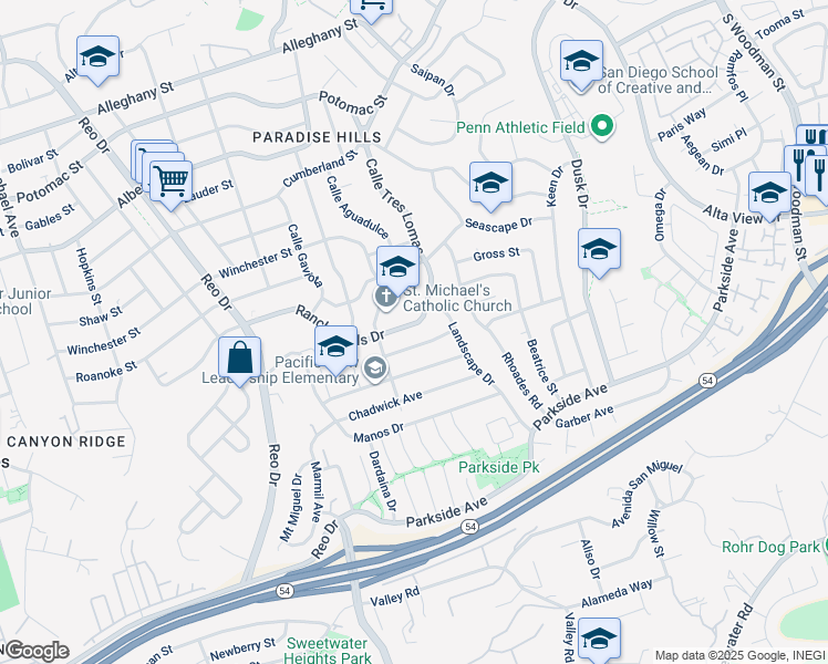 map of restaurants, bars, coffee shops, grocery stores, and more near 6253 Rancho Hills Drive in San Diego