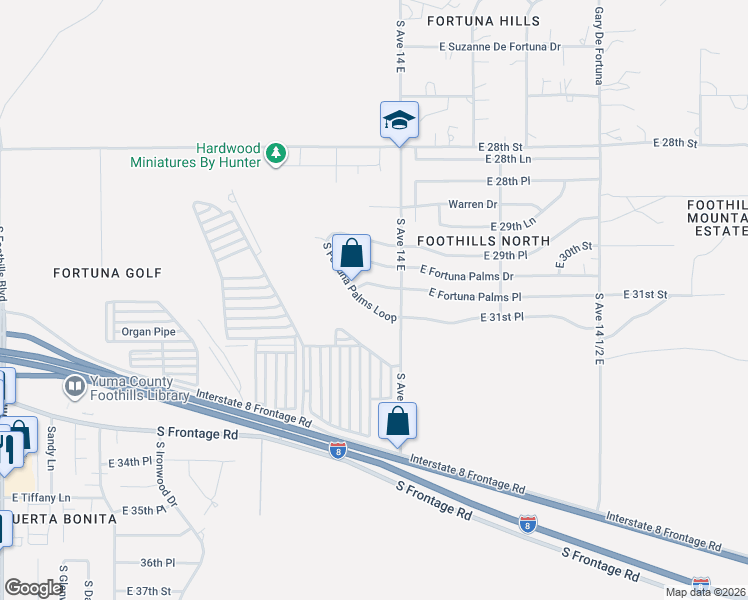 map of restaurants, bars, coffee shops, grocery stores, and more near 10789-10793 South Fortuna Palms Loop in Yuma