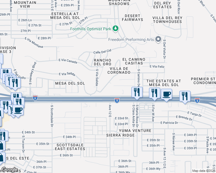 map of restaurants, bars, coffee shops, grocery stores, and more near 11861 East Via Loma Vista in Yuma