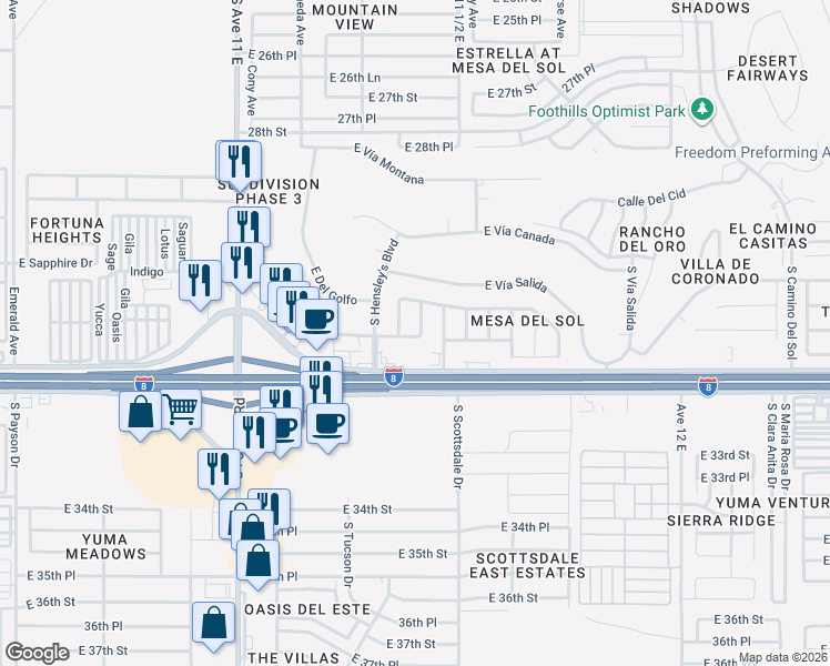 map of restaurants, bars, coffee shops, grocery stores, and more near 10799 South Morelos Drive in Yuma