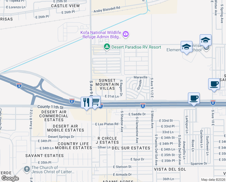 map of restaurants, bars, coffee shops, grocery stores, and more near 9151 East 31st Lane in Yuma