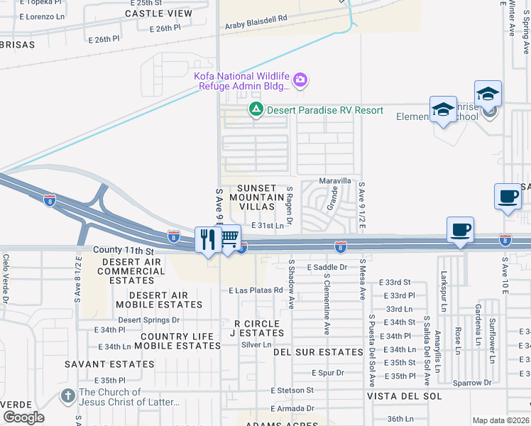 map of restaurants, bars, coffee shops, grocery stores, and more near 9151 East 31st Lane in Yuma