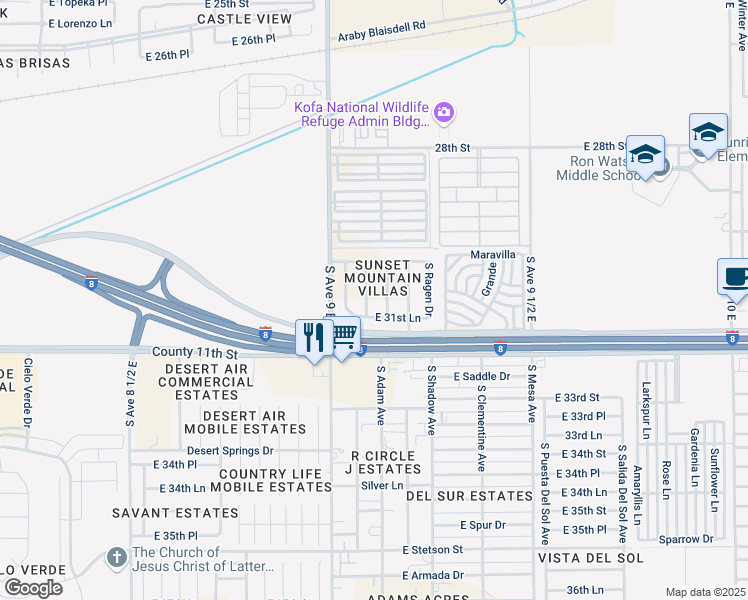 map of restaurants, bars, coffee shops, grocery stores, and more near 9073 East 31st Lane in Yuma