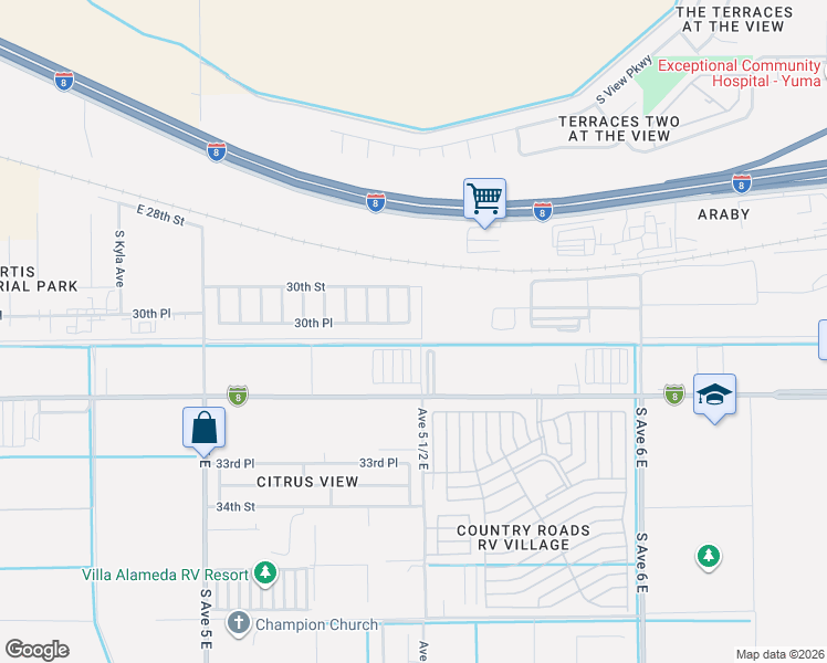 map of restaurants, bars, coffee shops, grocery stores, and more near Pear Blossom Way in Yuma