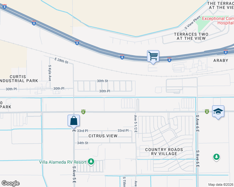 map of restaurants, bars, coffee shops, grocery stores, and more near 5305 E 30th Pl in Yuma
