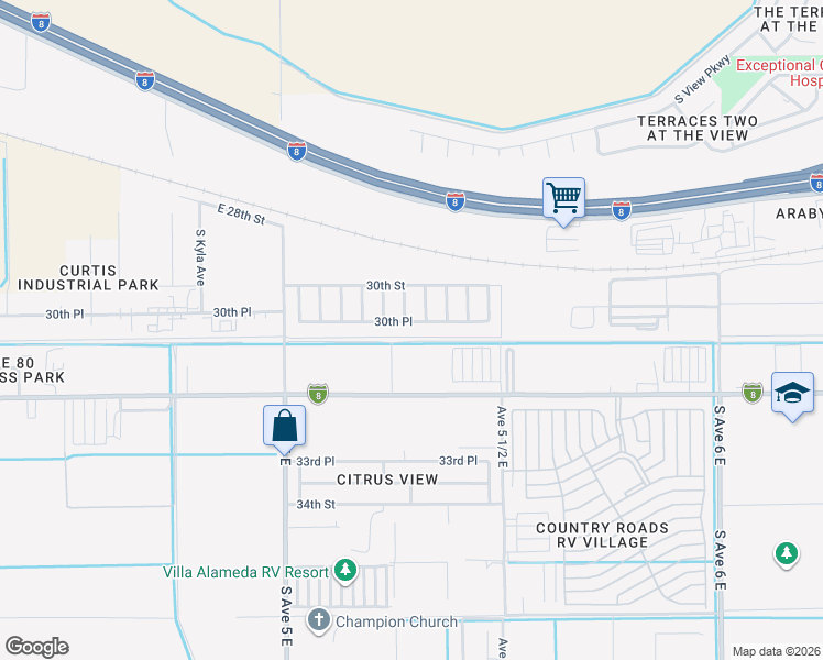 map of restaurants, bars, coffee shops, grocery stores, and more near 5305 E 30th Pl in Yuma