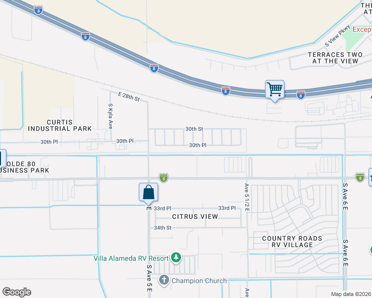 map of restaurants, bars, coffee shops, grocery stores, and more near 5157 E 30th Pl in Yuma