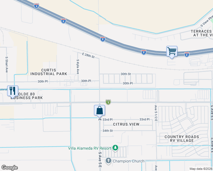 map of restaurants, bars, coffee shops, grocery stores, and more near 5067 E 30th Pl in Yuma