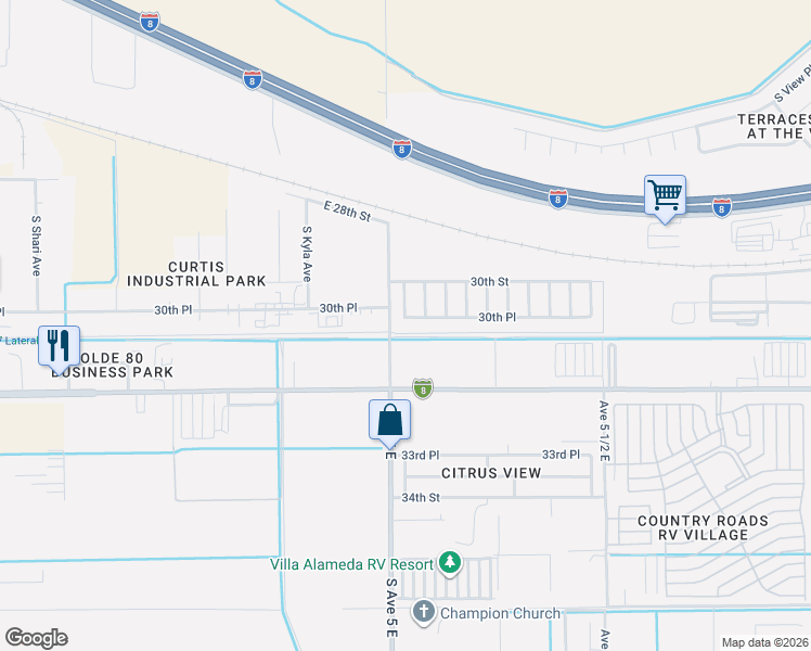 map of restaurants, bars, coffee shops, grocery stores, and more near 5067 E 30th Pl in Yuma