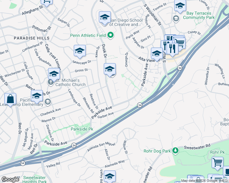 map of restaurants, bars, coffee shops, grocery stores, and more near 2875 Utica Drive in San Diego