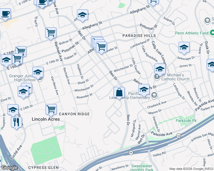 map of restaurants, bars, coffee shops, grocery stores, and more near 5795 Rancho Hills Drive in San Diego