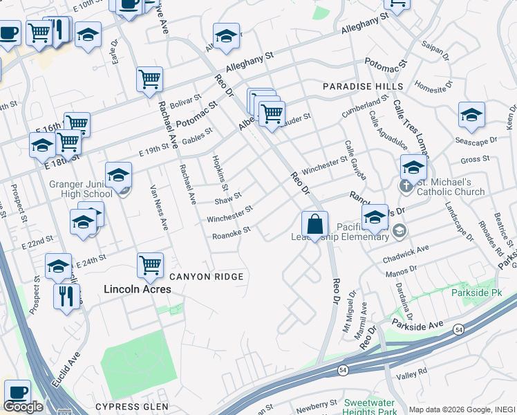 map of restaurants, bars, coffee shops, grocery stores, and more near 5723 Winchester Street in San Diego