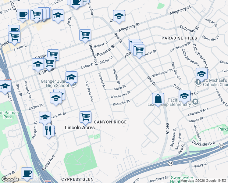 map of restaurants, bars, coffee shops, grocery stores, and more near 5609 Winchester Street in San Diego
