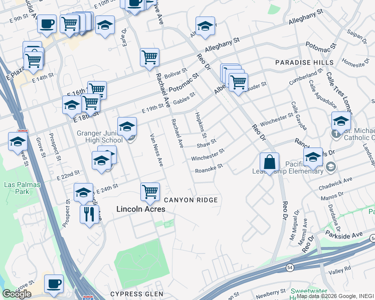 map of restaurants, bars, coffee shops, grocery stores, and more near 2330 Rachael Avenue in National City