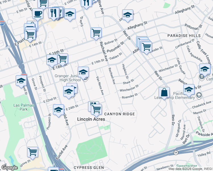 map of restaurants, bars, coffee shops, grocery stores, and more near 2311 Van Ness Avenue in National City