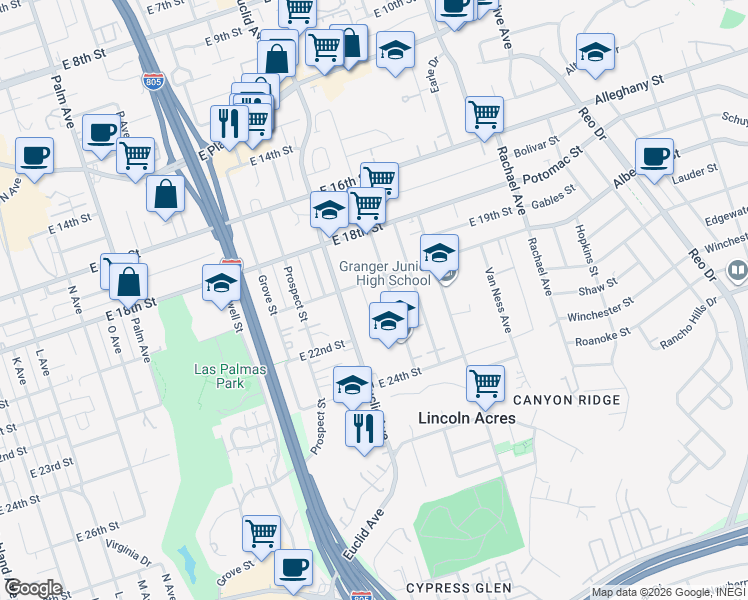 map of restaurants, bars, coffee shops, grocery stores, and more near 2121 Valle Vista Avenue in National City