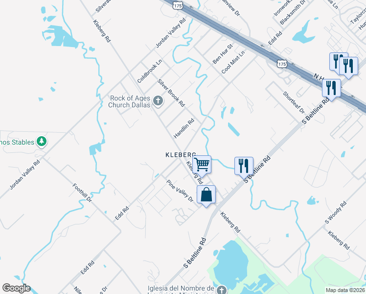 map of restaurants, bars, coffee shops, grocery stores, and more near 13117 Kleberg Road in Dallas