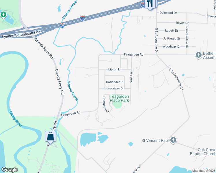 map of restaurants, bars, coffee shops, grocery stores, and more near 9323 Crimnson Court in Dallas