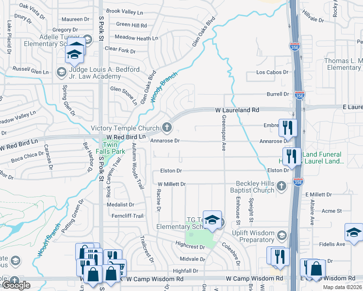 map of restaurants, bars, coffee shops, grocery stores, and more near 615 Mannington Drive in Dallas