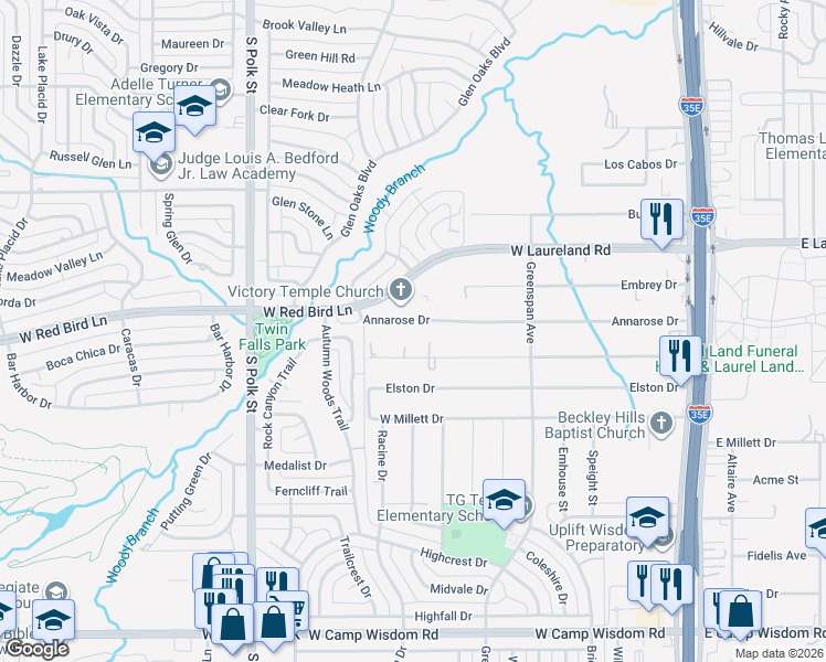 map of restaurants, bars, coffee shops, grocery stores, and more near 655 Mannington Drive in Dallas