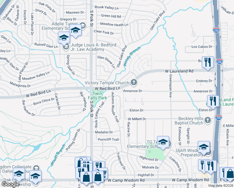 map of restaurants, bars, coffee shops, grocery stores, and more near 6314 Autumn Woods Trail in Dallas