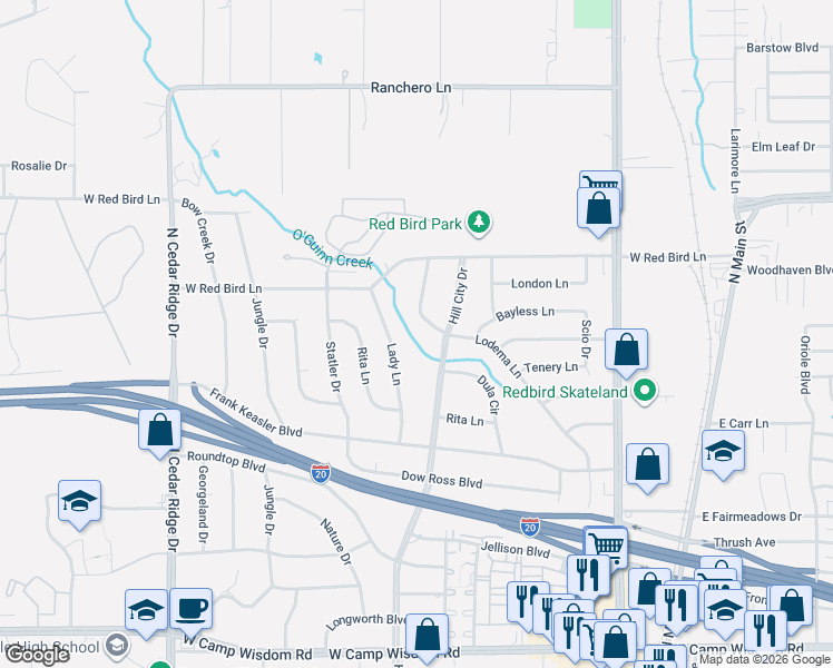 map of restaurants, bars, coffee shops, grocery stores, and more near 1210 Lady Lane in Duncanville