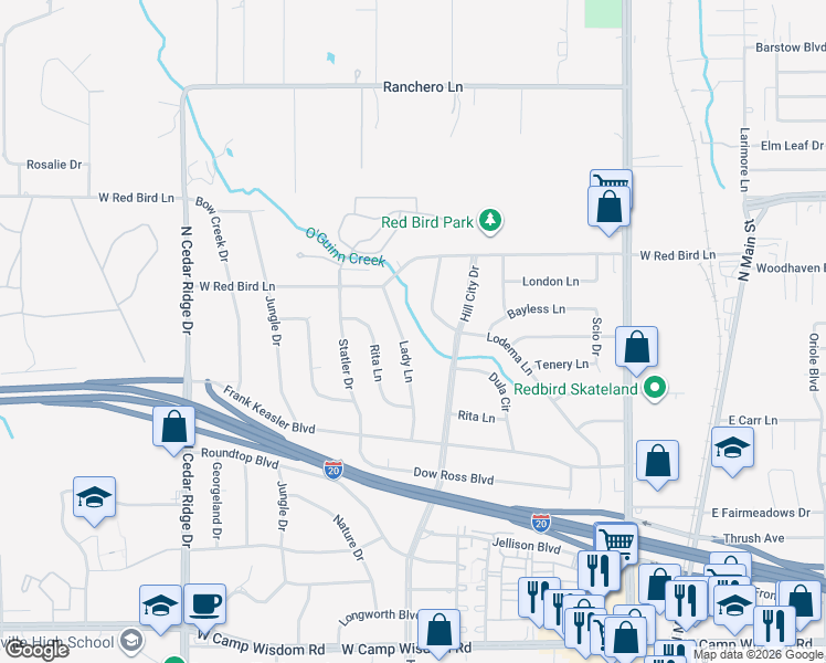 map of restaurants, bars, coffee shops, grocery stores, and more near 1210 Lady Lane in Duncanville