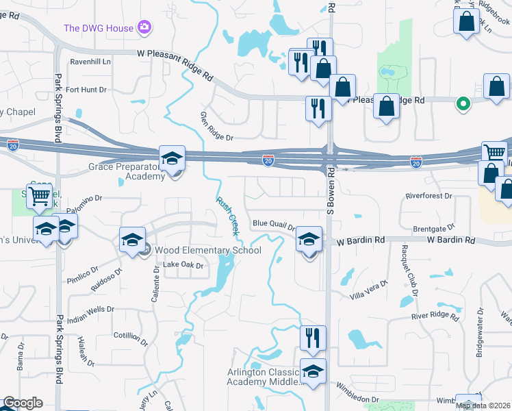map of restaurants, bars, coffee shops, grocery stores, and more near 4502 Quail Creek Drive in Arlington