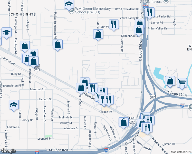 map of restaurants, bars, coffee shops, grocery stores, and more near 5205 Redwood Circle in Fort Worth