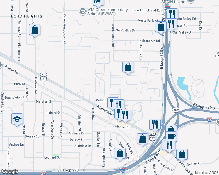 map of restaurants, bars, coffee shops, grocery stores, and more near 4951 Collett Little Road in Fort Worth