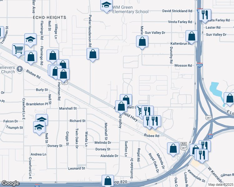 map of restaurants, bars, coffee shops, grocery stores, and more near 6051 High Creek Drive in Fort Worth