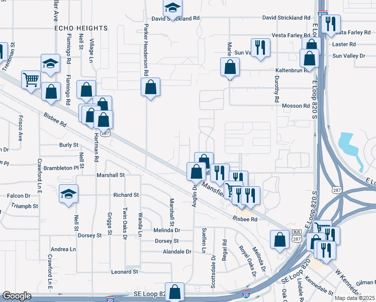 map of restaurants, bars, coffee shops, grocery stores, and more near 6051 High Creek Drive in Fort Worth