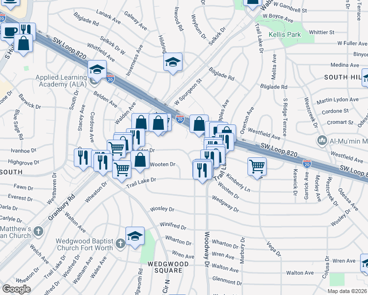 map of restaurants, bars, coffee shops, grocery stores, and more near 5353 Wonder Drive in Fort Worth