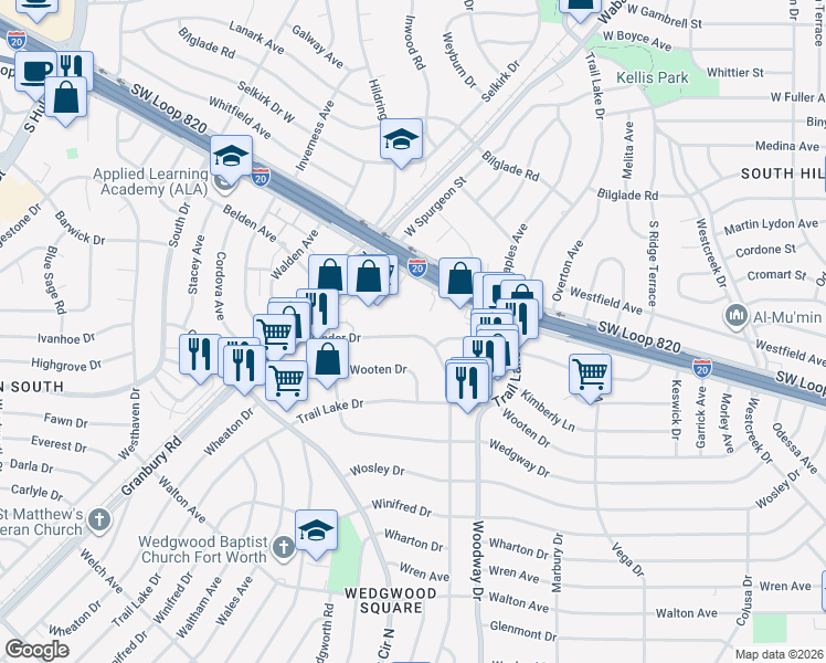 map of restaurants, bars, coffee shops, grocery stores, and more near 5328 Wonder Drive in Fort Worth